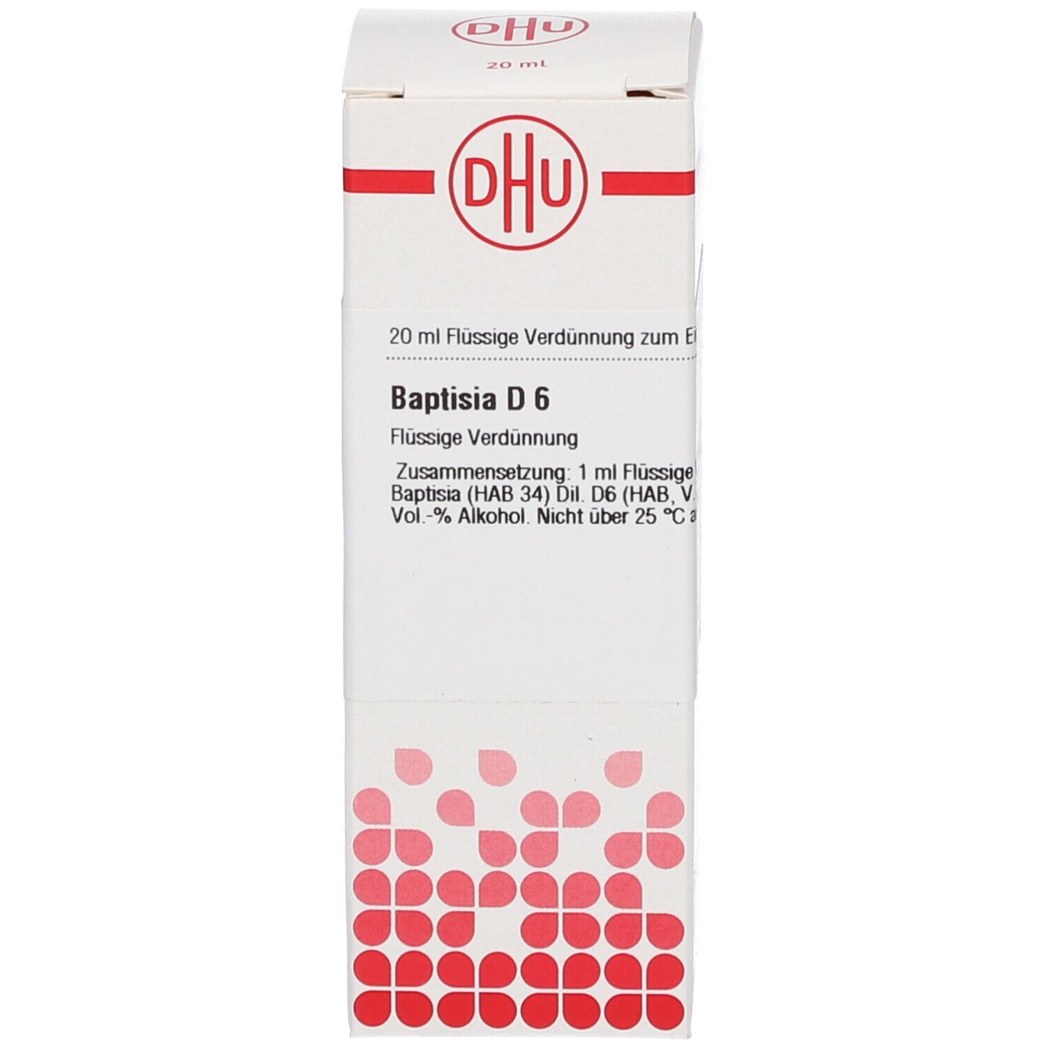Karton mit DHU Logo und Produktinformationen: Baptisia D6, 20 ml. Daneben braune Glasflasche mit weißem Verschluss.