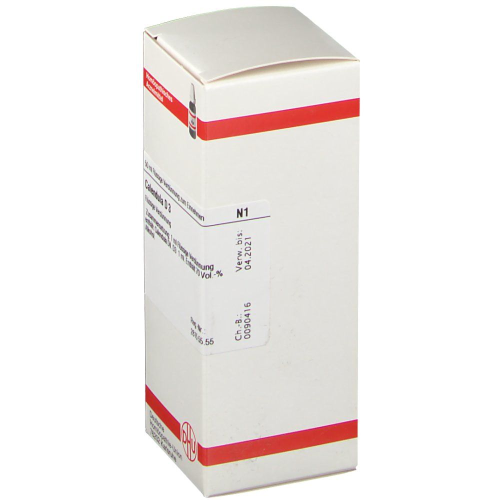 Weiße Faltschachtel mit roter Umrandung. Aufdruck: Calendula D3, N1. Verfallsdatum: 04.2021. DHU-Logo.