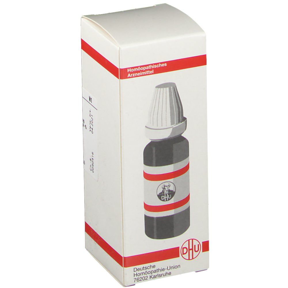 Weiße Faltschachtel mit roter Umrandung. Enthält eine braune Glasflasche mit Tropfer. Aufdruck: DHU-Logo, Calendula D3.