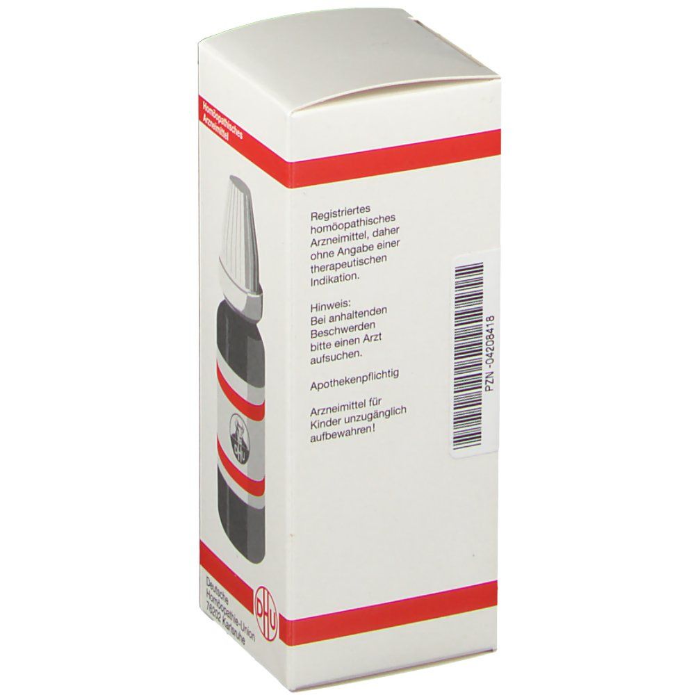 Weiße Faltschachtel mit roter Umrandung. Enthält eine braune Glasflasche mit Tropfer. Aufdruck: DHU-Logo, Text.