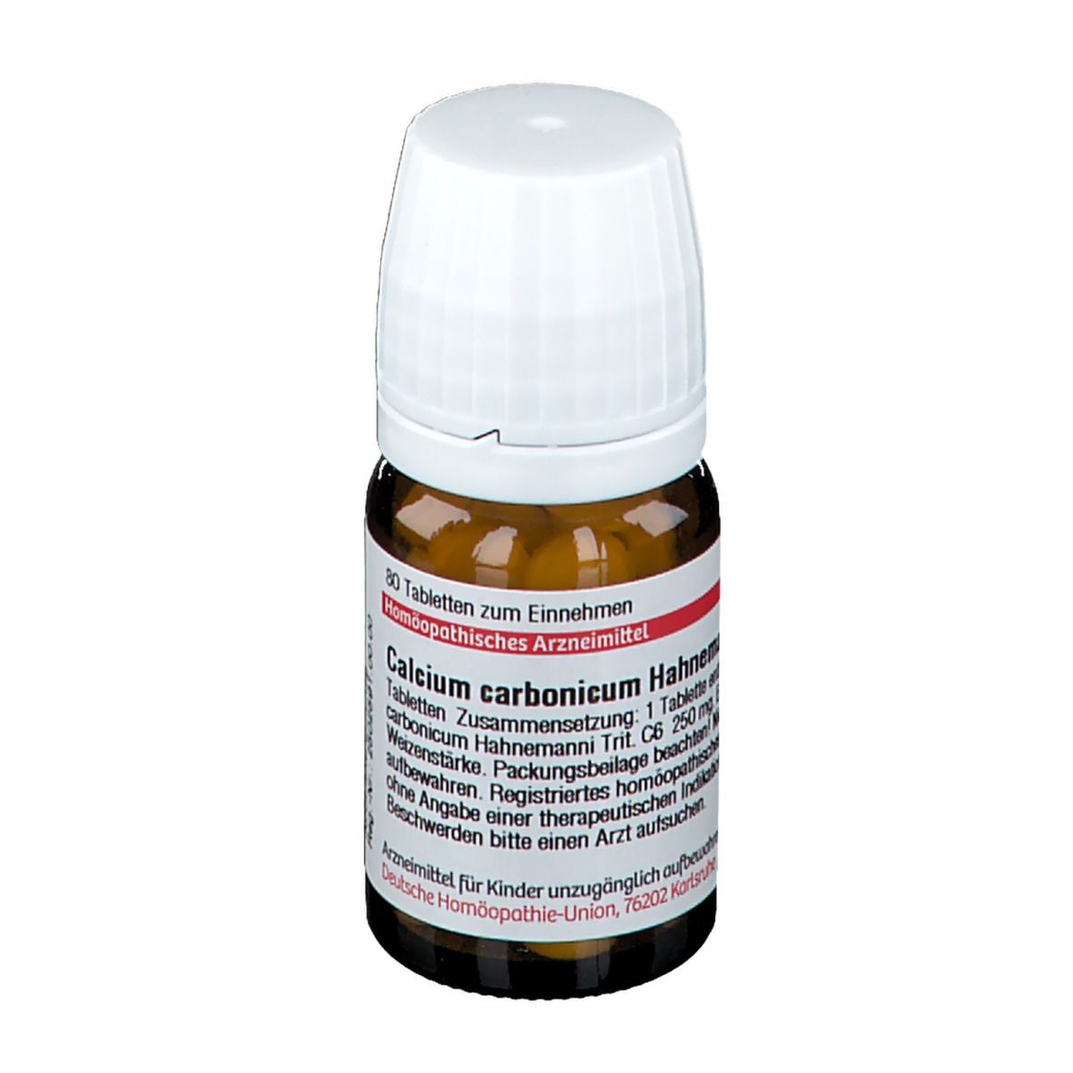 Braune Glasflasche mit weißem Deckel. Etikett mit Text: Calcium carbonicum Hahnemanni C6. 80 Tabletten.