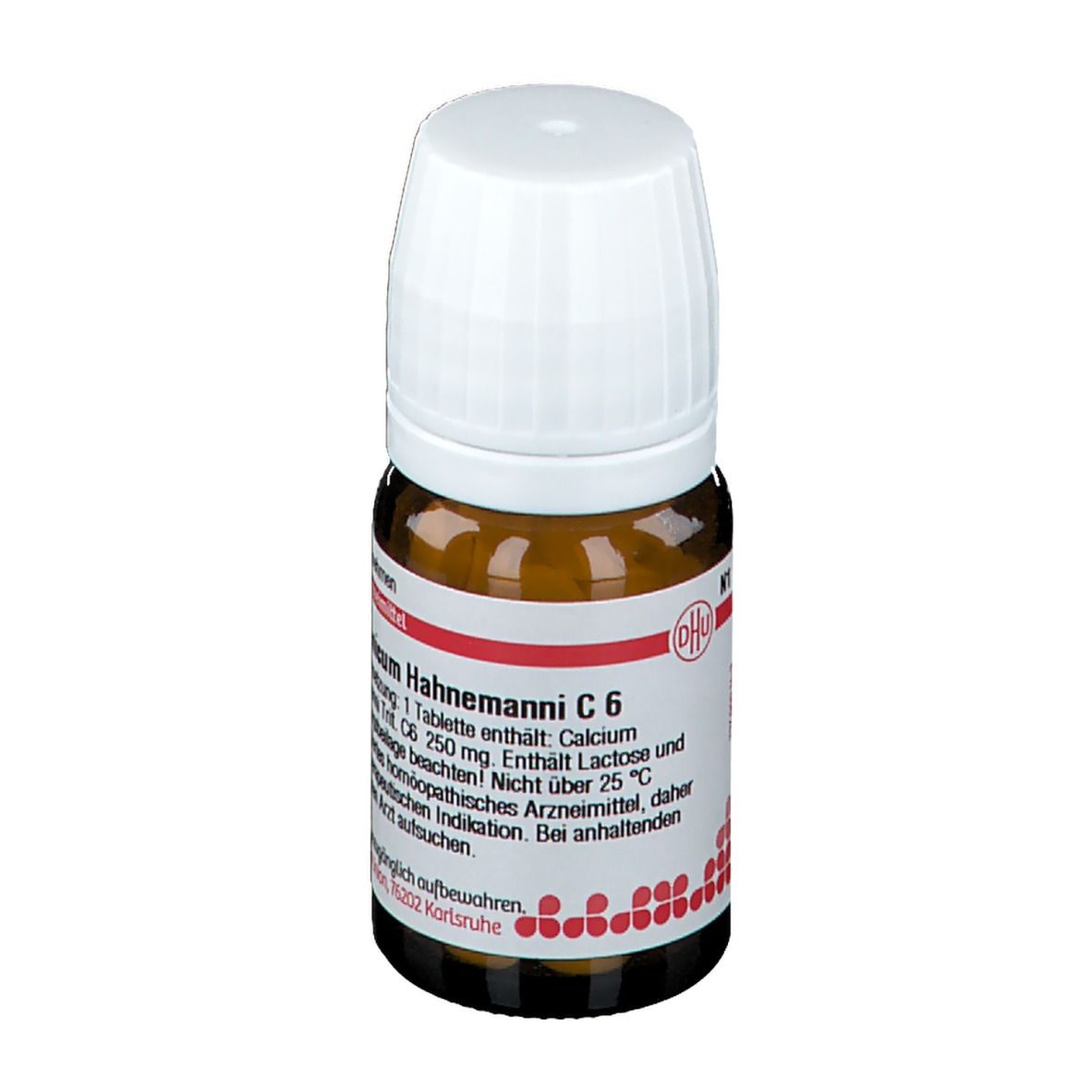 Braune Glasflasche mit weißem Deckel. Etikett mit Text: Calcium carbonicum Hahnemanni C6. DHU Logo.