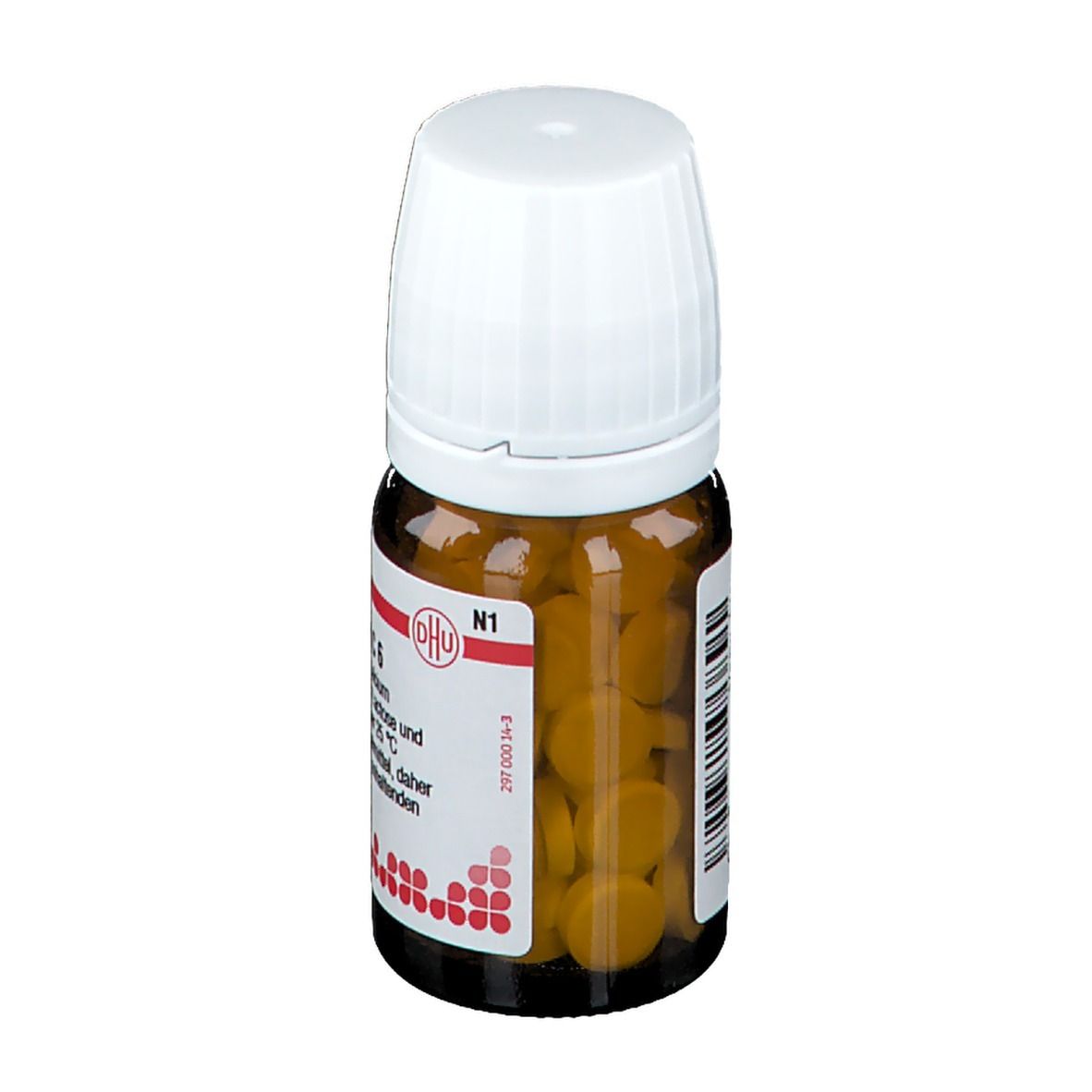 Braune Glasflasche mit weißem Deckel. Enthält gelbe Tabletten. Etikett mit Text: Calcium carbonicum Hahnemanni C6.