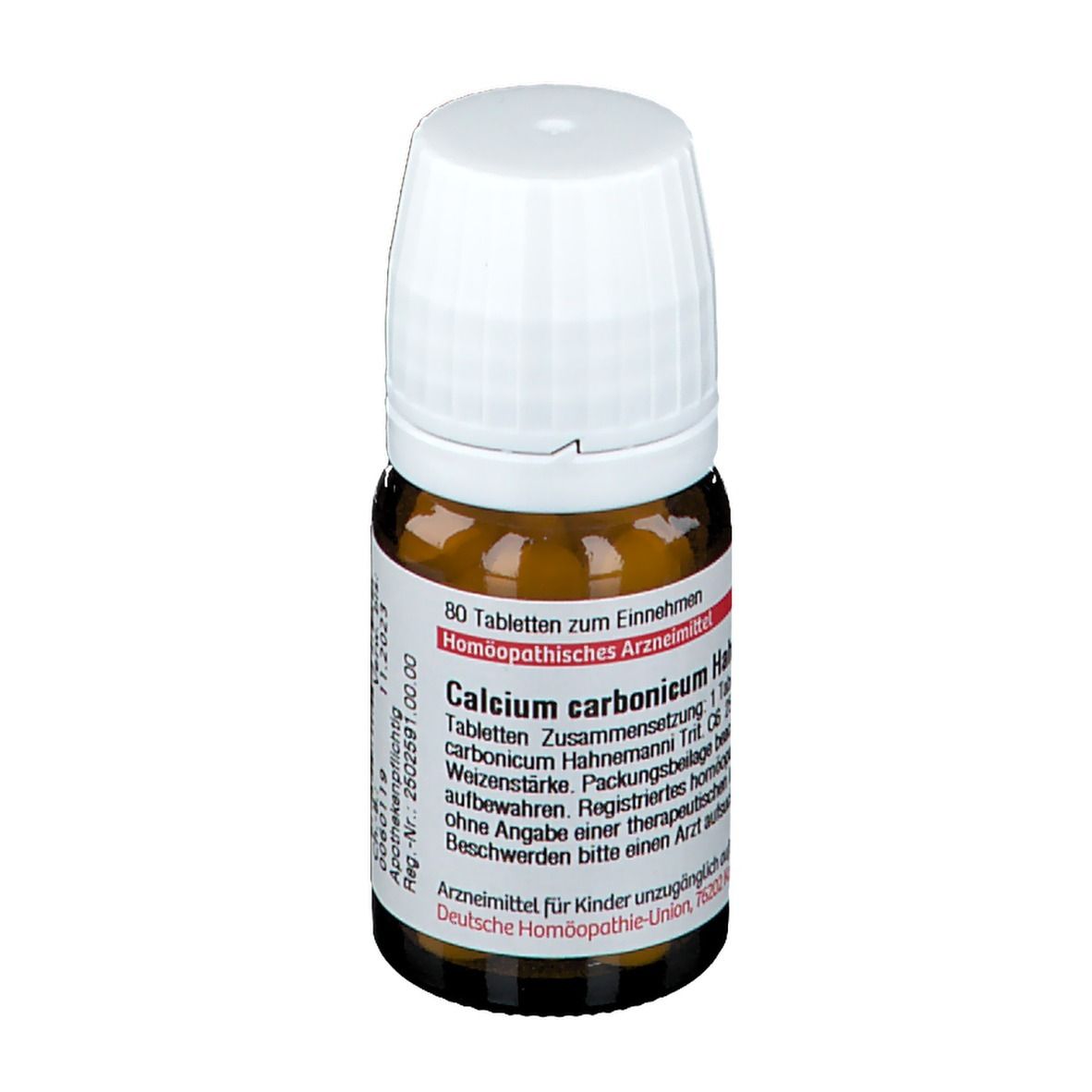 Braune Glasflasche mit weißem Deckel. Etikett mit Text: Calcium carbonicum Hahnemanni C6. 80 Tabletten.
