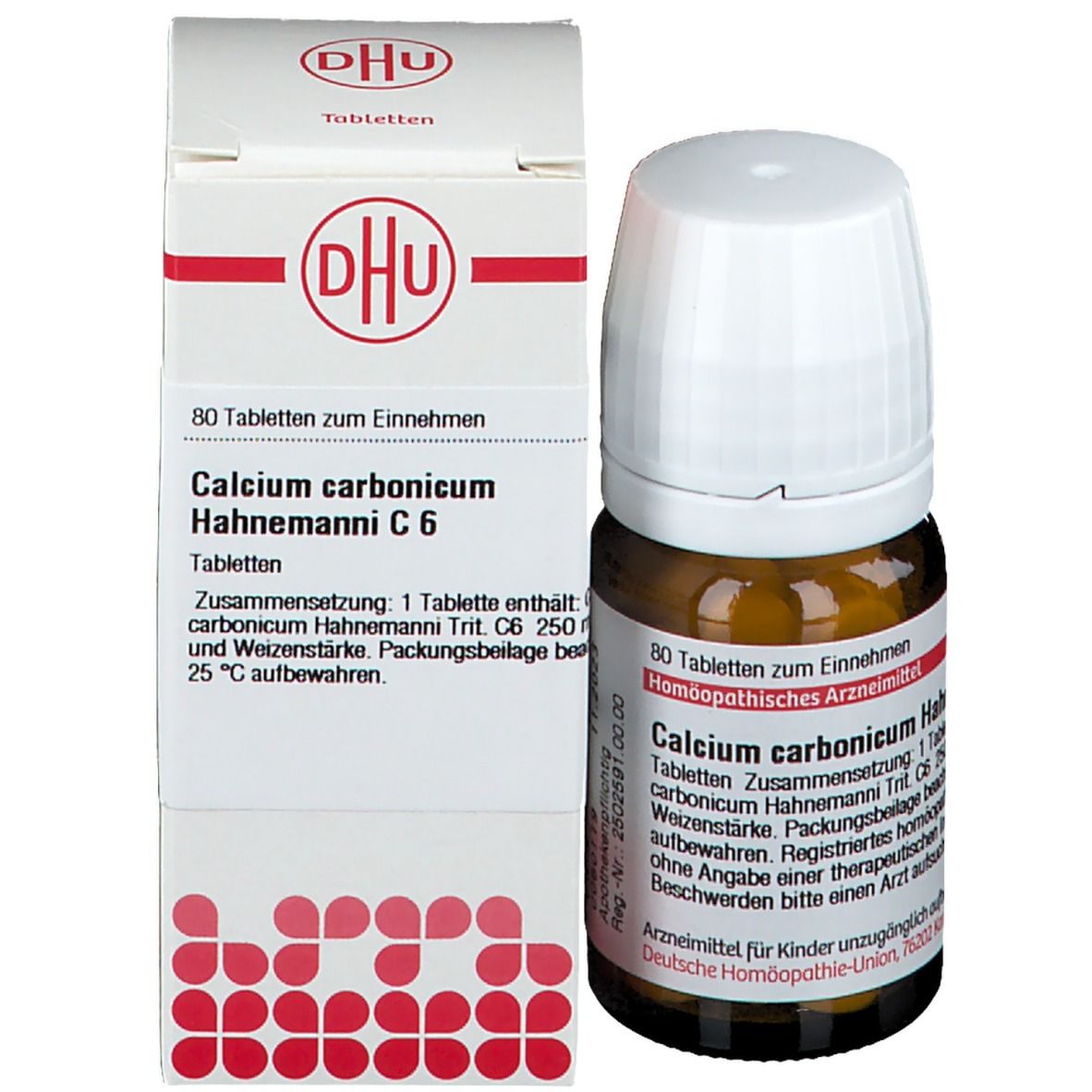 Produktverpackung und Flasche. Verpackung mit Text: DHU, Calcium carbonicum Hahnemanni C6. Flasche daneben.