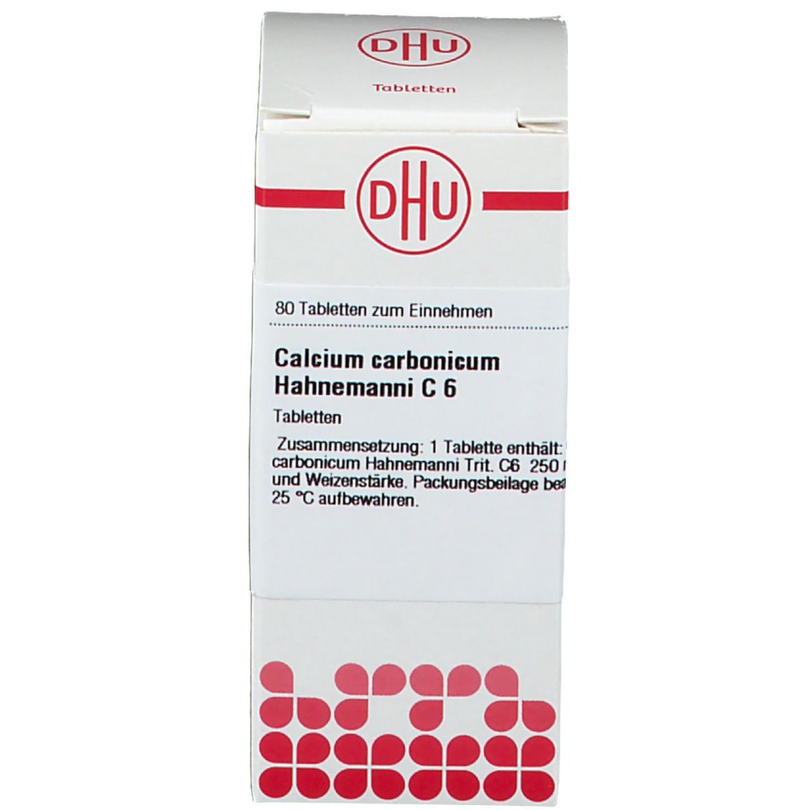 Produktverpackung. Verpackung mit Text: DHU, Calcium carbonicum Hahnemanni C6. 80 Tabletten.