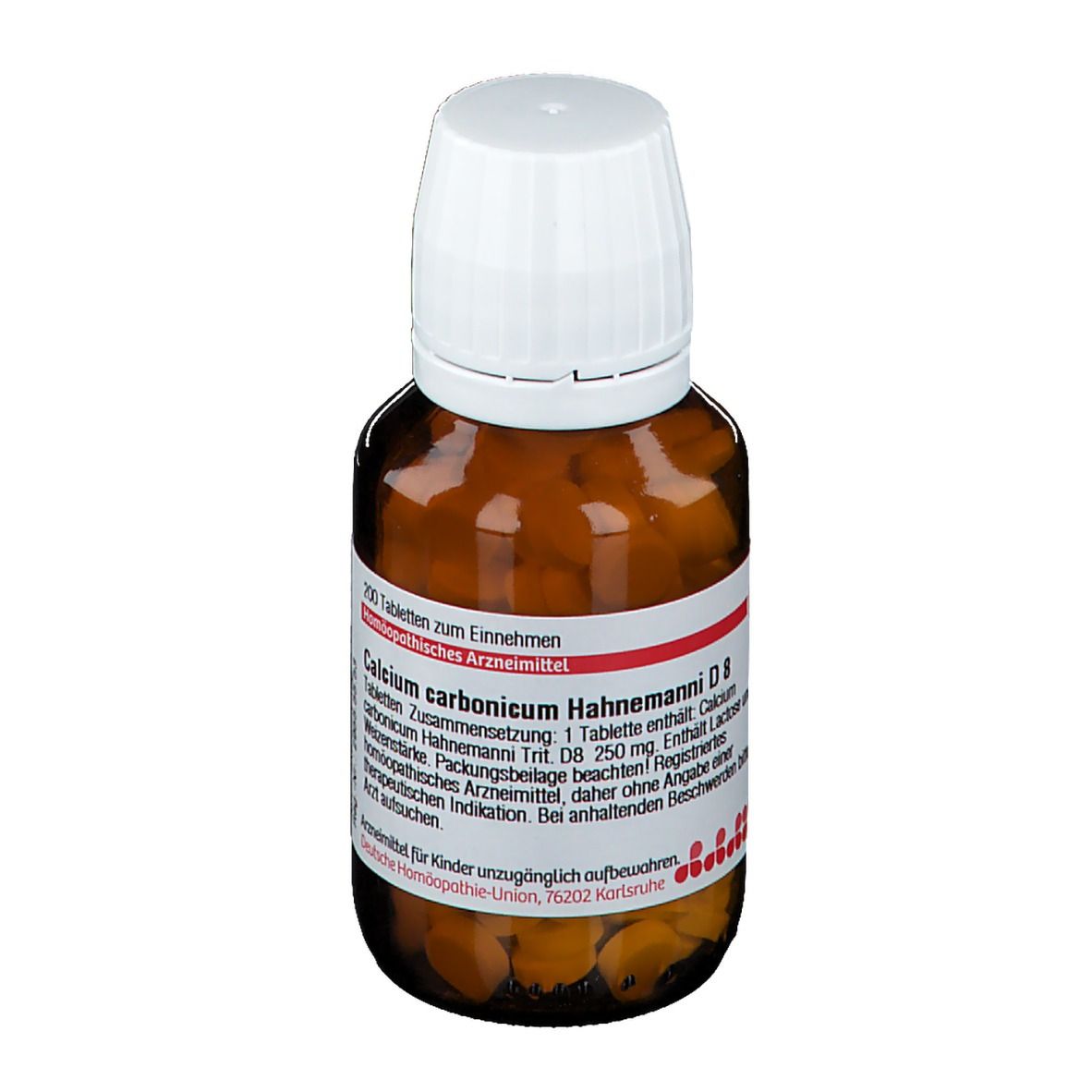 Braune Glasflasche mit weißen Deckel. Enthält Tabletten. Beschriftung: Calcium carbonicum Hahnemanni D8. Homöopathisches Arzneimittel.