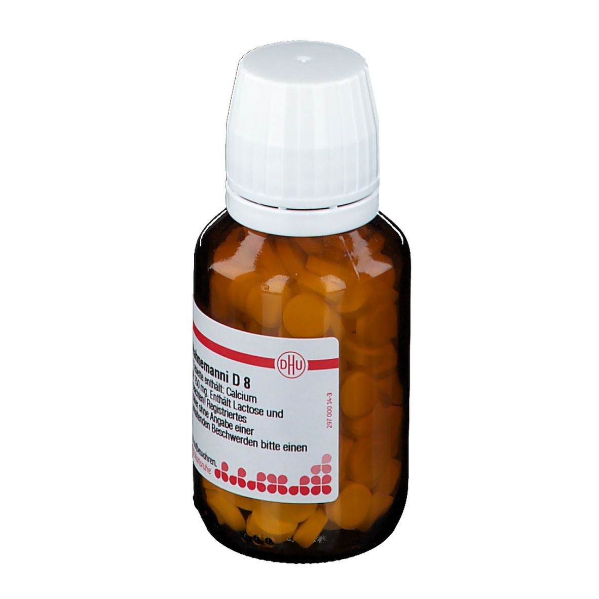 Braune Glasflasche mit weißen Deckel. Tabletten sichtbar. Beschriftung: DHU, Calcium carbonicum Hahnemanni D8. Homöopathisches Arzneimittel.