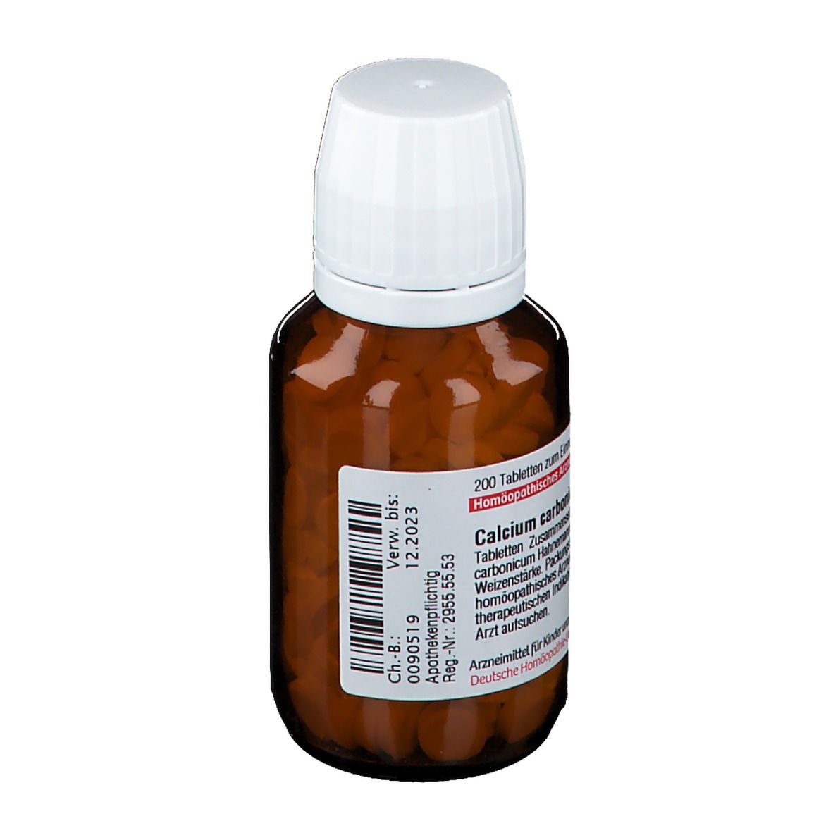 Braune Glasflasche mit weißen Deckel. Etikett mit Text. Verfallsdatum 12.2023. Homöopathisches Arzneimittel.