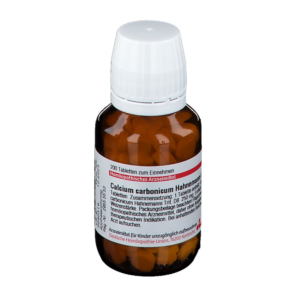 Braune Glasflasche mit weißen Deckel. Etikett mit Text. Beschriftung: Calcium carbonicum Hahnemanni D8. Homöopathisches Arzneimittel.