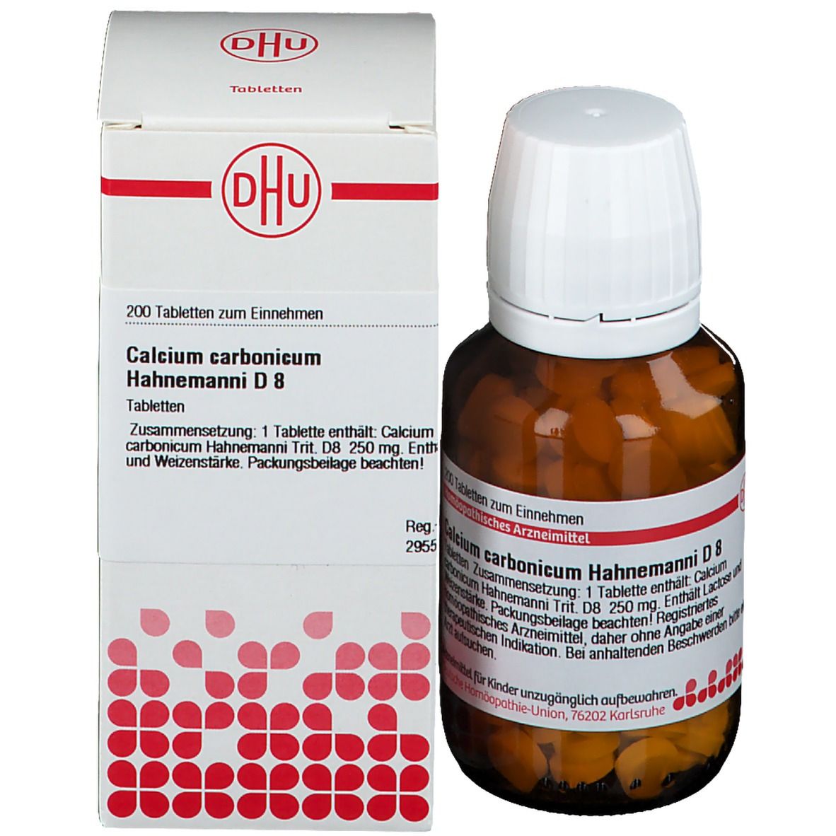 Produktverpackung und Flasche. Verpackung: weißer Karton mit DHU-Logo. Flasche: braunes Glas, Tabletten. Beschriftung: Calcium carbonicum Hahnemanni D8.