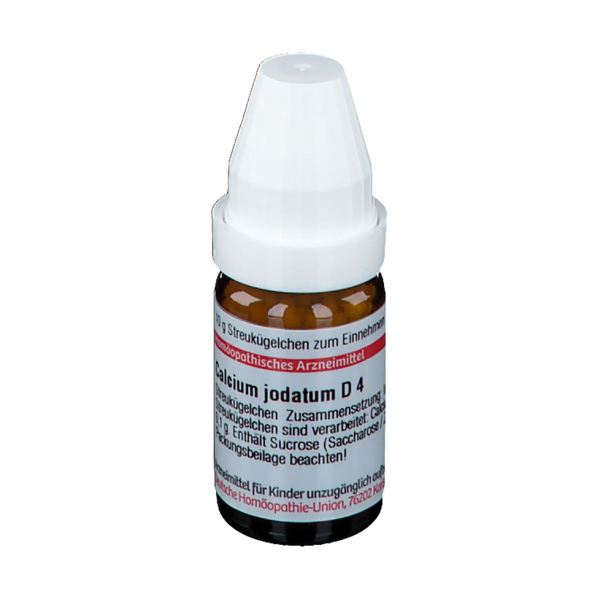 Braune Glasflasche mit weißem Deckel. Aufschrift: Calcium jodatum D4. Homöopathisches Arzneimittel.