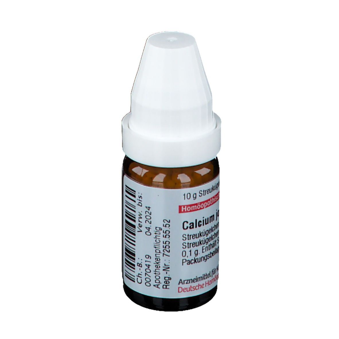 Braune Glasflasche mit weißem Deckel. Aufschrift: Calcium jodatum D4. Homöopathisches Arzneimittel. Apothekenpflichtig.