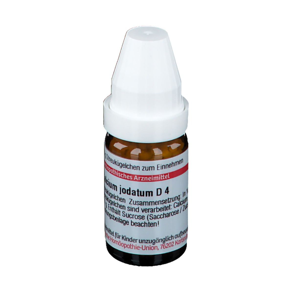 Braune Glasflasche mit weißem Deckel. Aufschrift: Calcium jodatum D4. Homöopathisches Arzneimittel.
