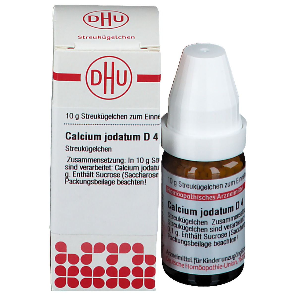 Produktverpackung mit Flasche. Aufschrift: DHU, Calcium jodatum D4. Homöopathisches Arzneimittel. Enthält Streukügelchen.