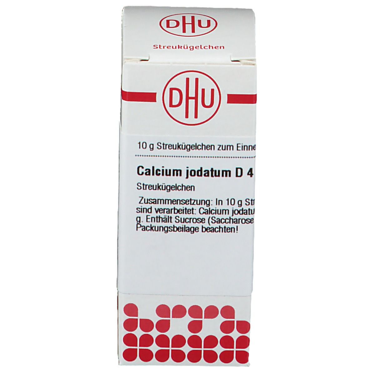 Produktverpackung. Aufschrift: DHU, Calcium jodatum D4. Homöopathisches Arzneimittel. Enthält Streukügelchen.