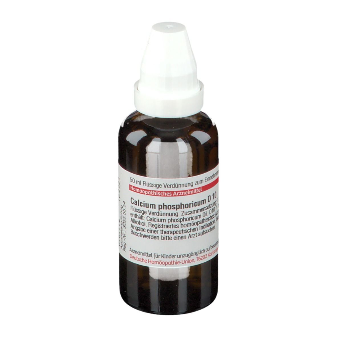 Braune Glasflasche mit weißem Verschluss. Etikett mit Produktinformationen: Calcium phosphoricum D10, 50 ml. Homöopathisches Arzneimittel.
