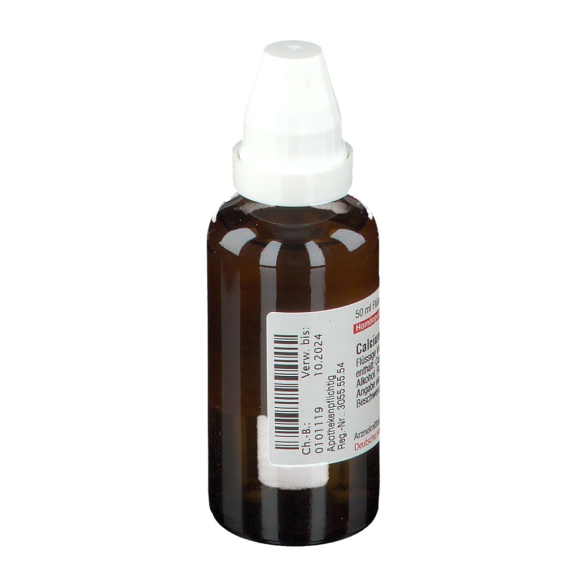 Braune Glasflasche mit weißem Verschluss. Etikett mit Produktinformationen. Homöopathisches Arzneimittel. Barcode und Verfallsdatum.