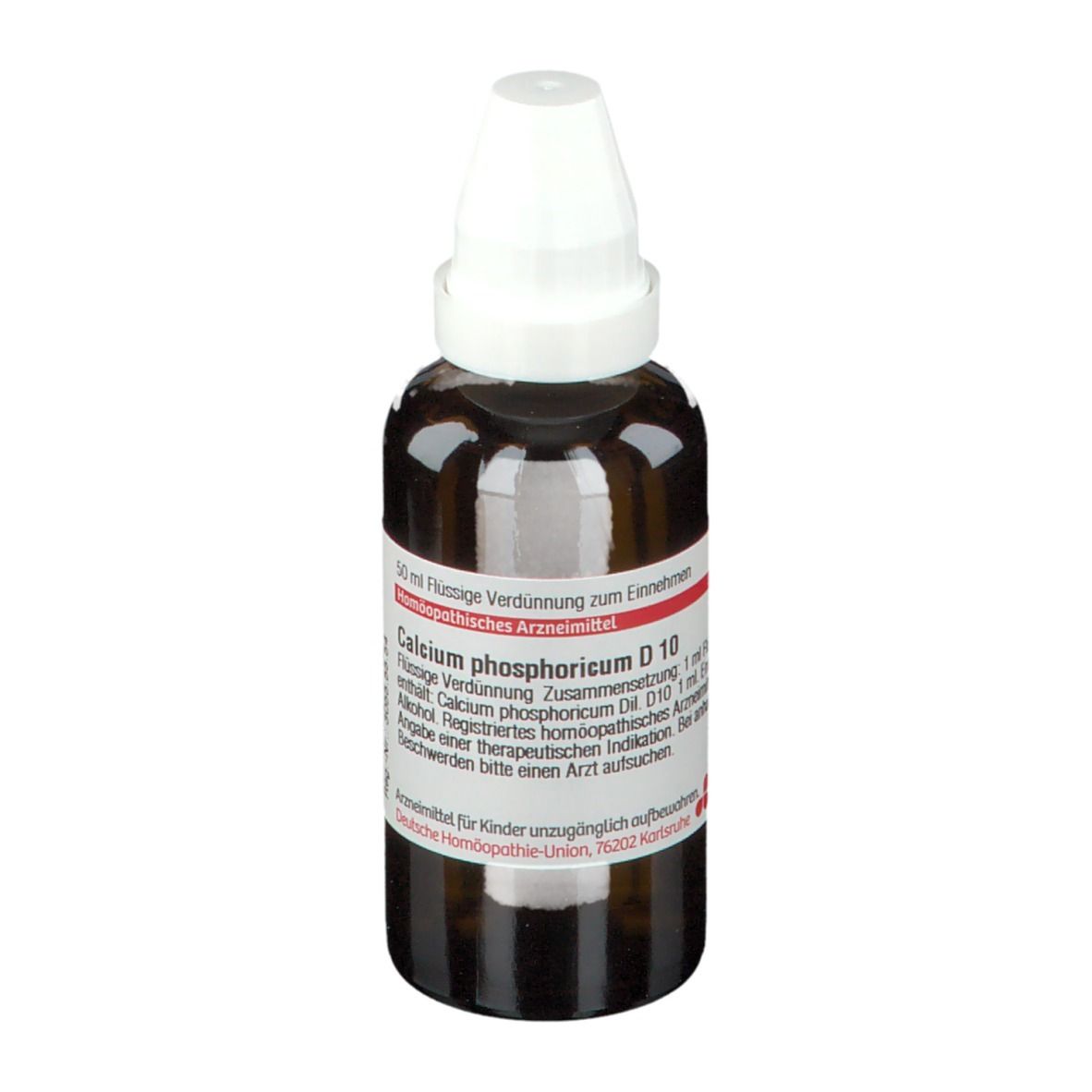 Braune Glasflasche mit weißem Verschluss. Etikett mit Produktinformationen: Calcium phosphoricum D10, 50 ml. Homöopathisches Arzneimittel.