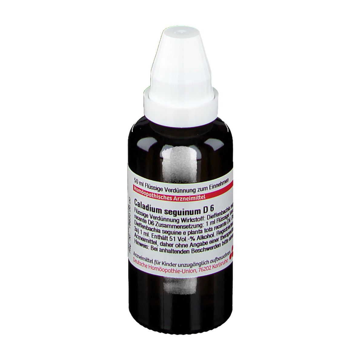 Braune Glasflasche mit weißem Verschluss. Etikett mit Produktinformationen. DHU Caladium Seguinum D6.