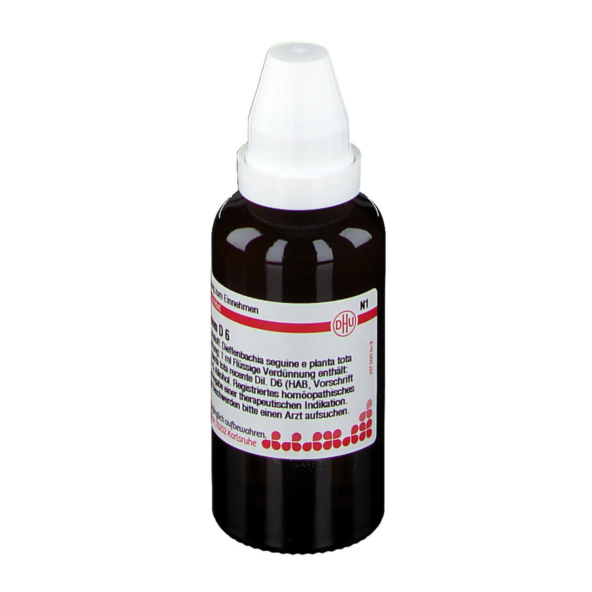 Braune Glasflasche mit weißem Verschluss. Etikett mit Produktinformationen. DHU Caladium Seguinum D6.