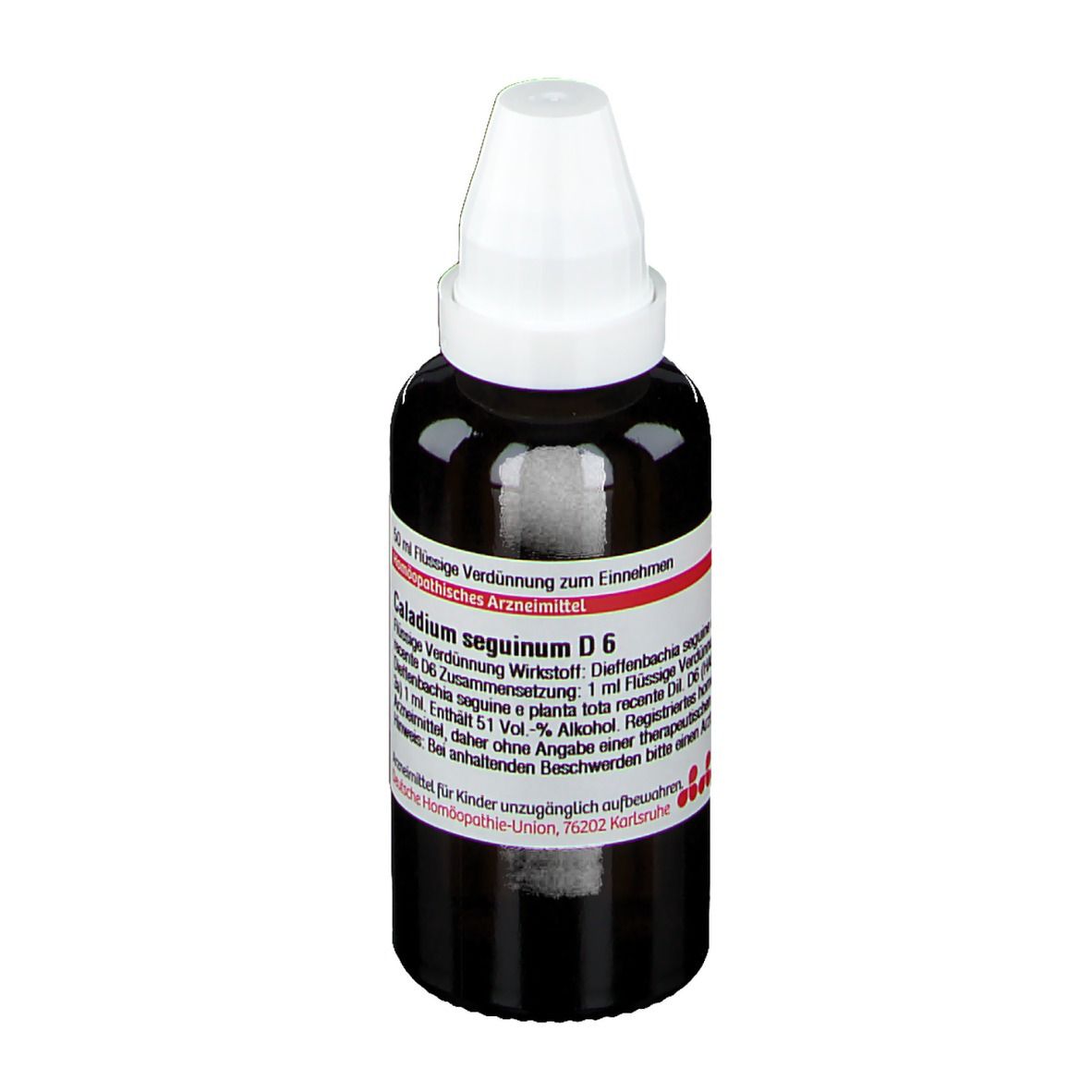 Braune Glasflasche mit weißem Verschluss. Etikett mit Produktinformationen. DHU Caladium Seguinum D6.