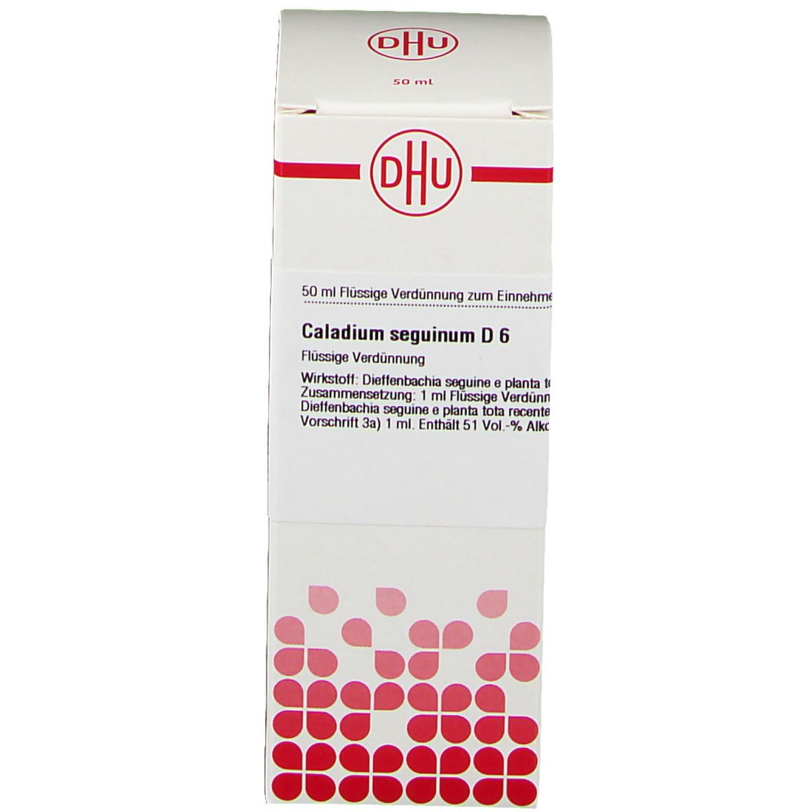 Weiße Verpackung mit DHU-Logo. Produktinformationen: Caladium Seguinum D6. Flasche nicht sichtbar.