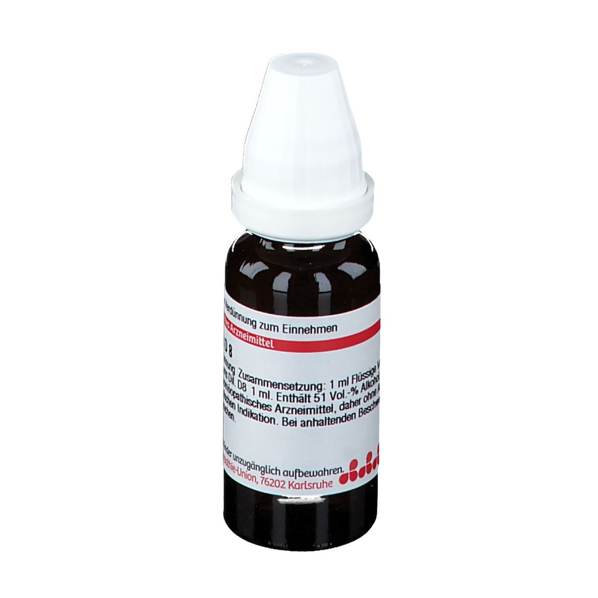 Braune Flüssigkeit in einer Tropfflasche mit weißem Verschluss. Rote und weiße Etiketten mit Text.