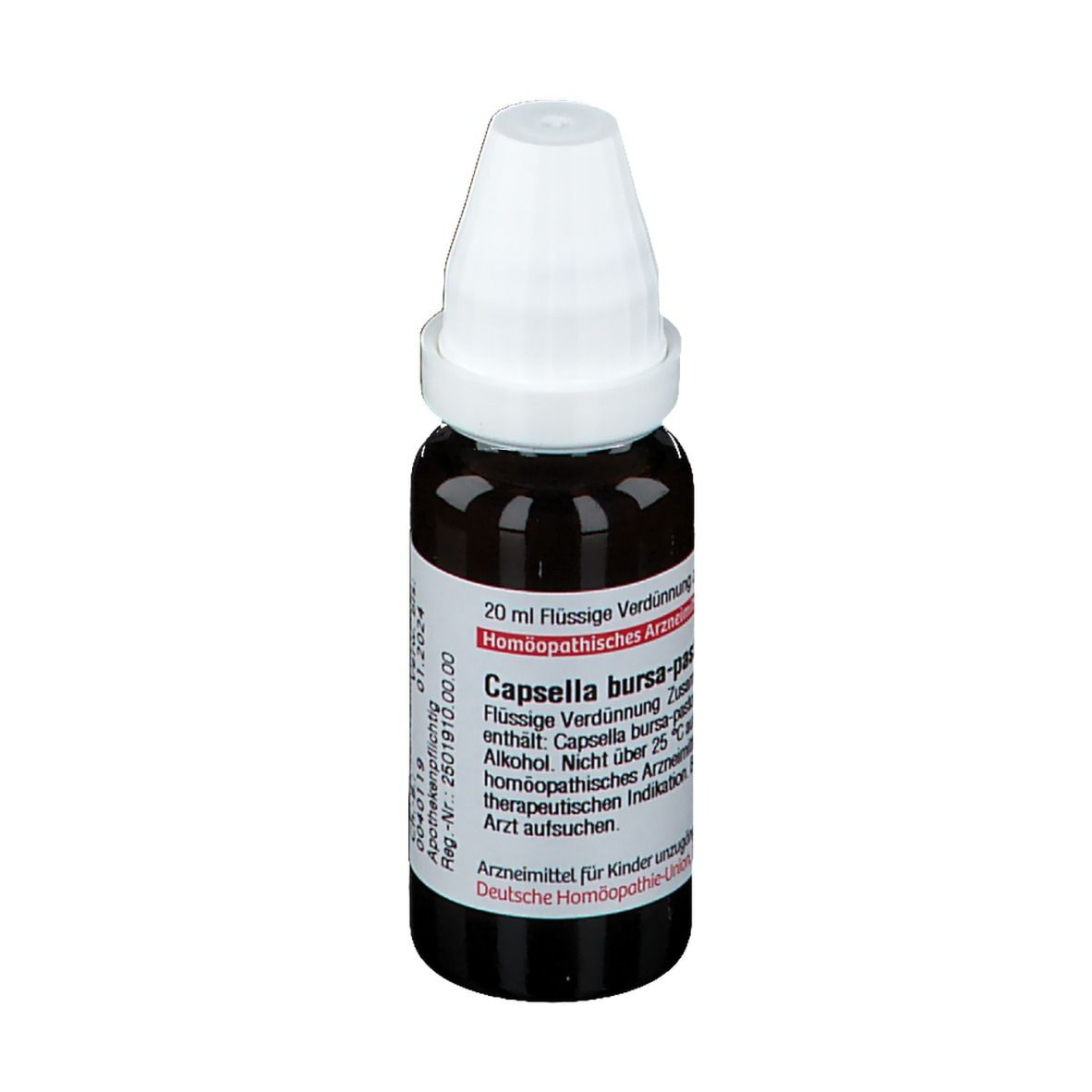 Braune Tropfflasche mit weißem Verschluss. Beschriftung: Capsella bursa-pastoris, homöopathisches Arzneimittel.