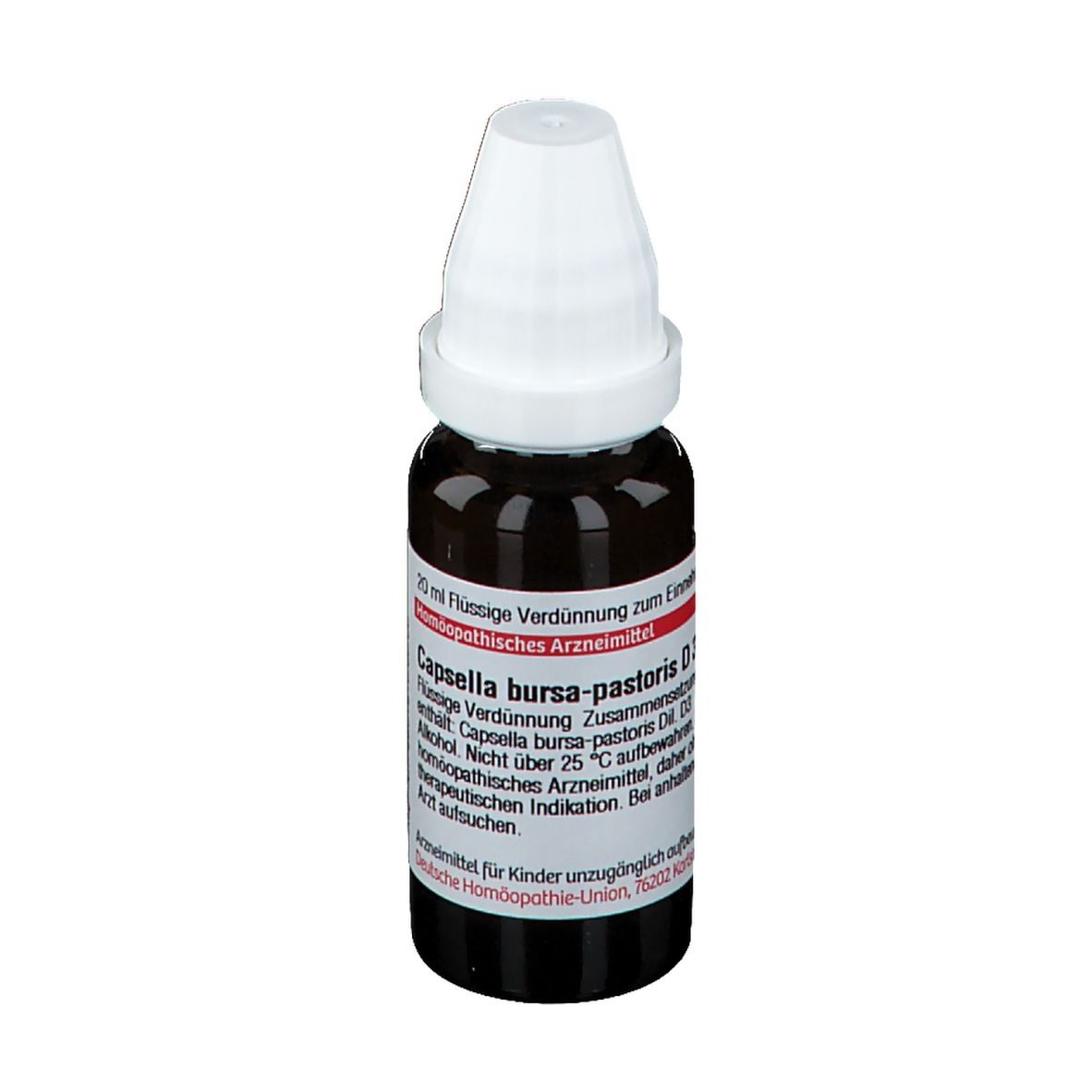 Braune Tropfflasche mit weißem Verschluss. Beschriftung: Capsella bursa-pastoris D3, homöopathisches Arzneimittel.