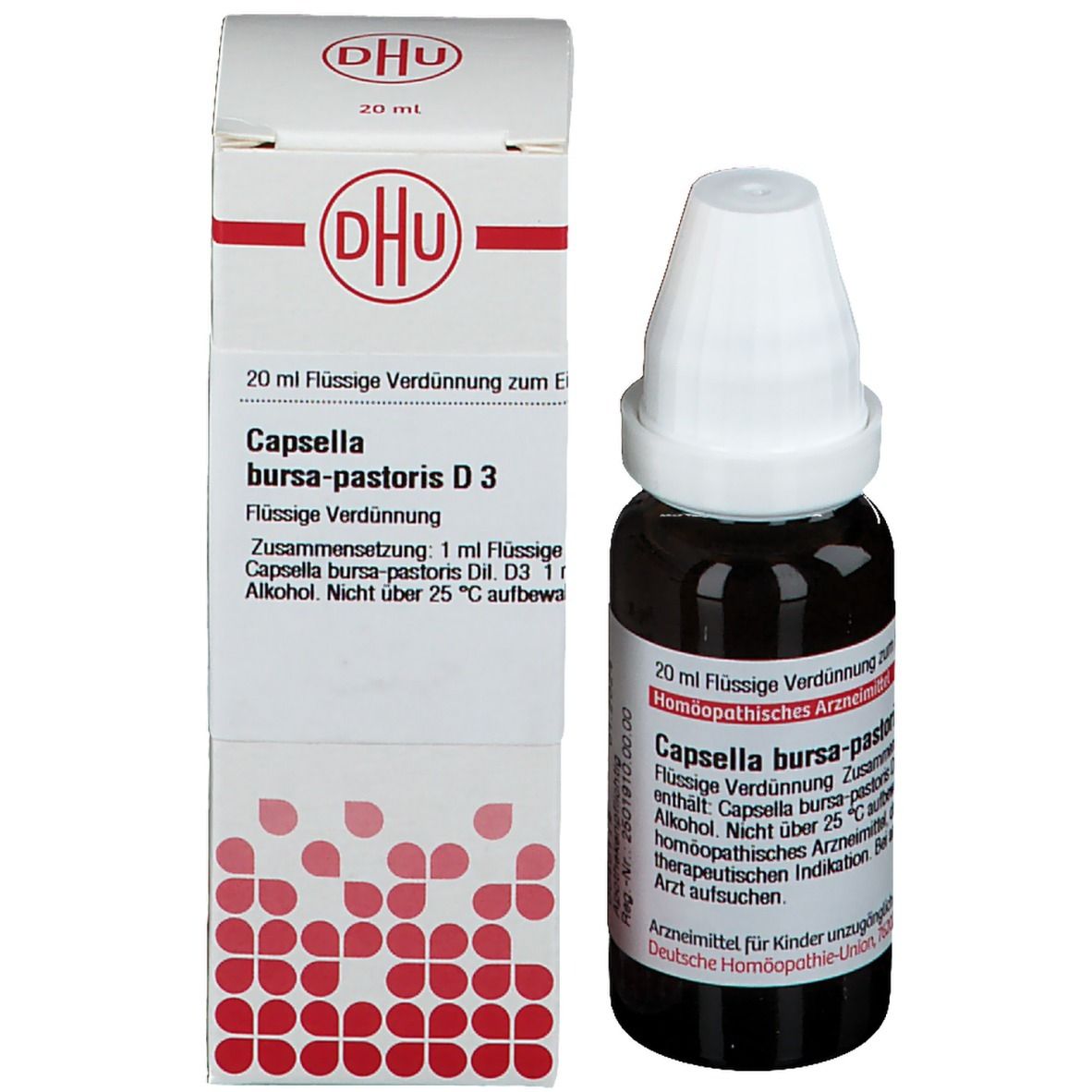 Braune Tropfflasche und Verpackung. Beschriftung: DHU, Capsella bursa-pastoris D3, homöopathisches Arzneimittel.