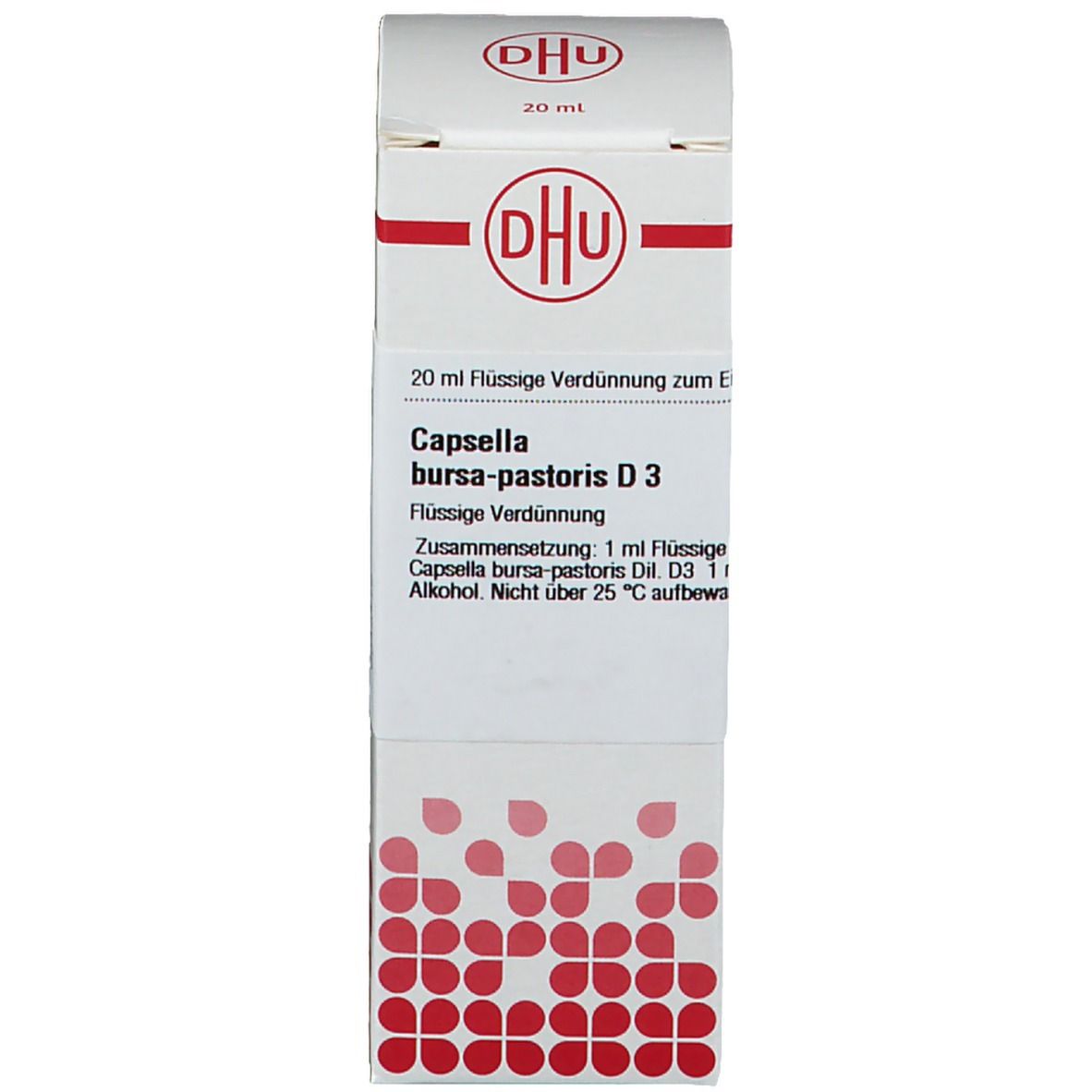 Verpackung und Tropfflasche. Beschriftung: DHU, Capsella bursa-pastoris D3, homöopathisches Arzneimittel.