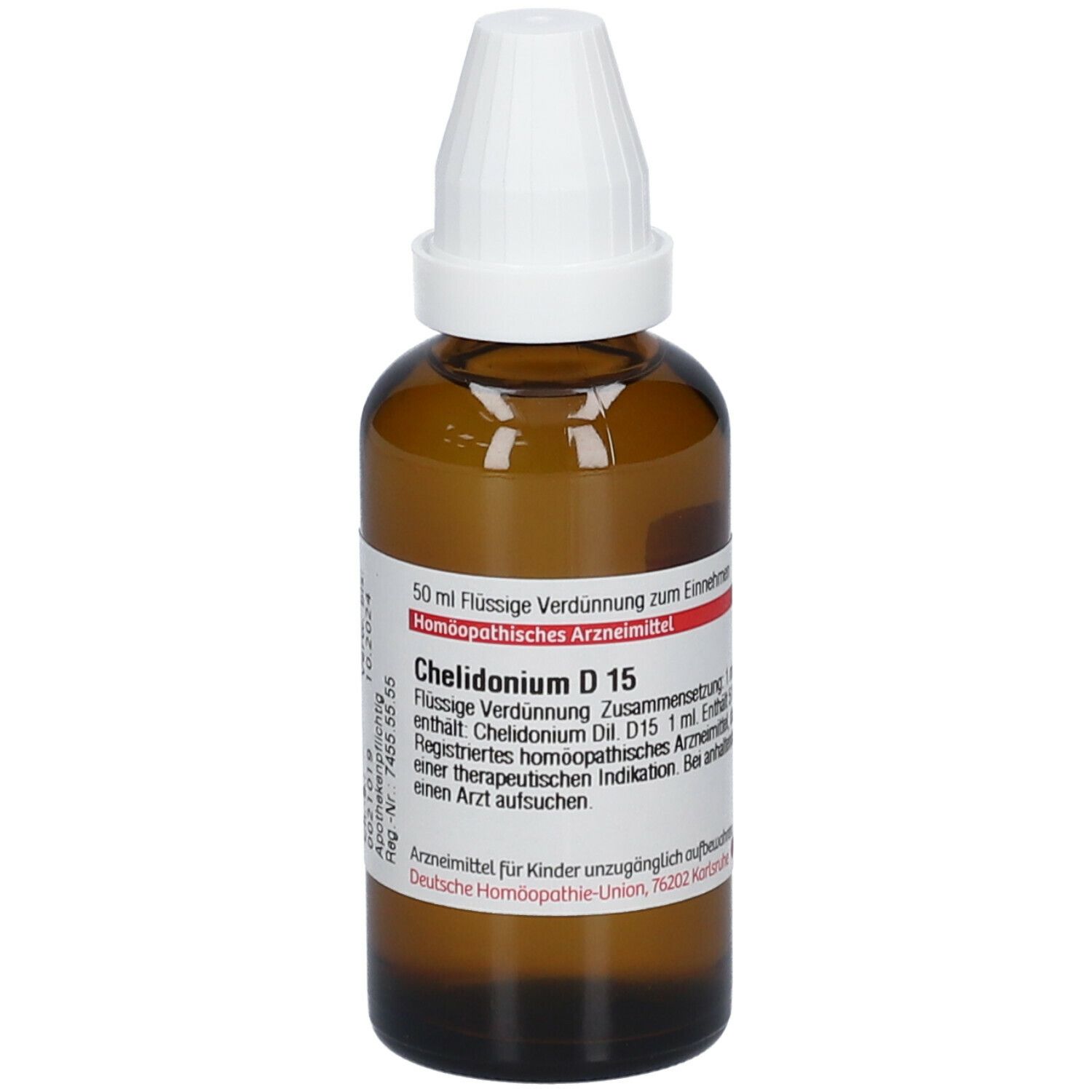 Braune Glasflasche mit weißem Verschluss. Etikett mit Produktinformationen: Chelidonium D 15, 50 ml. Deutsche Homöopathie-Union.