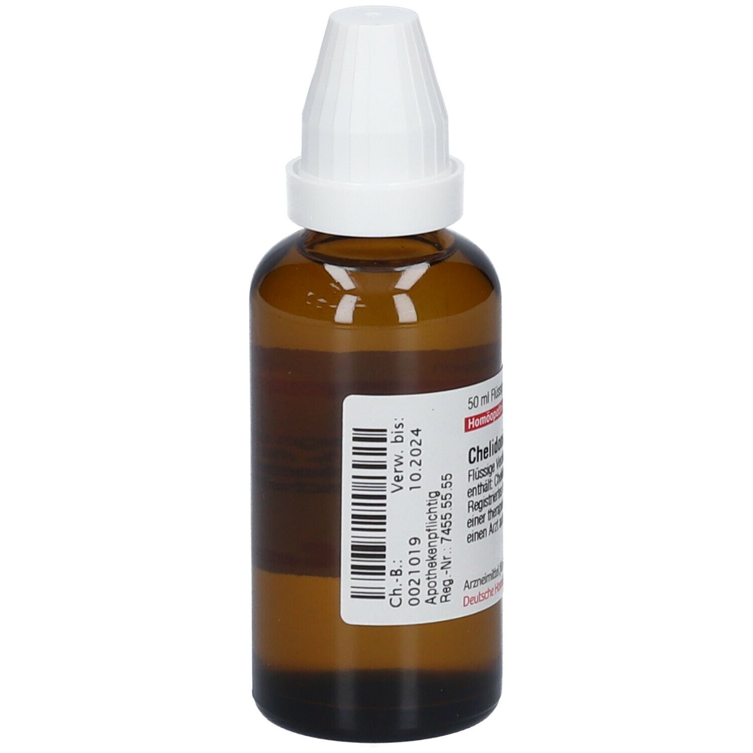 Braune Glasflasche mit weißem Verschluss. Etikett mit Chargennummer und Verfallsdatum. Apothekenpflichtiges Arzneimittel.