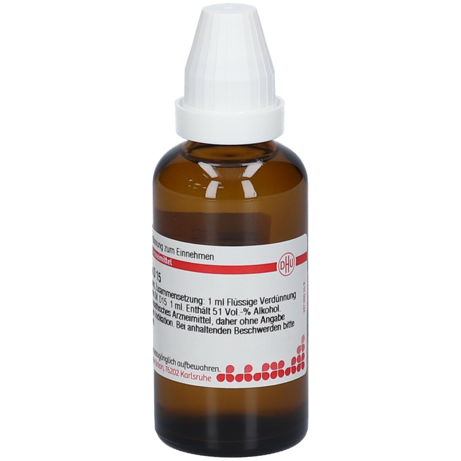 Braune Glasflasche mit weißem Verschluss. Etikett mit Produktinformationen: Chelidonium D 15, 50 ml. Deutsche Homöopathie-Union.