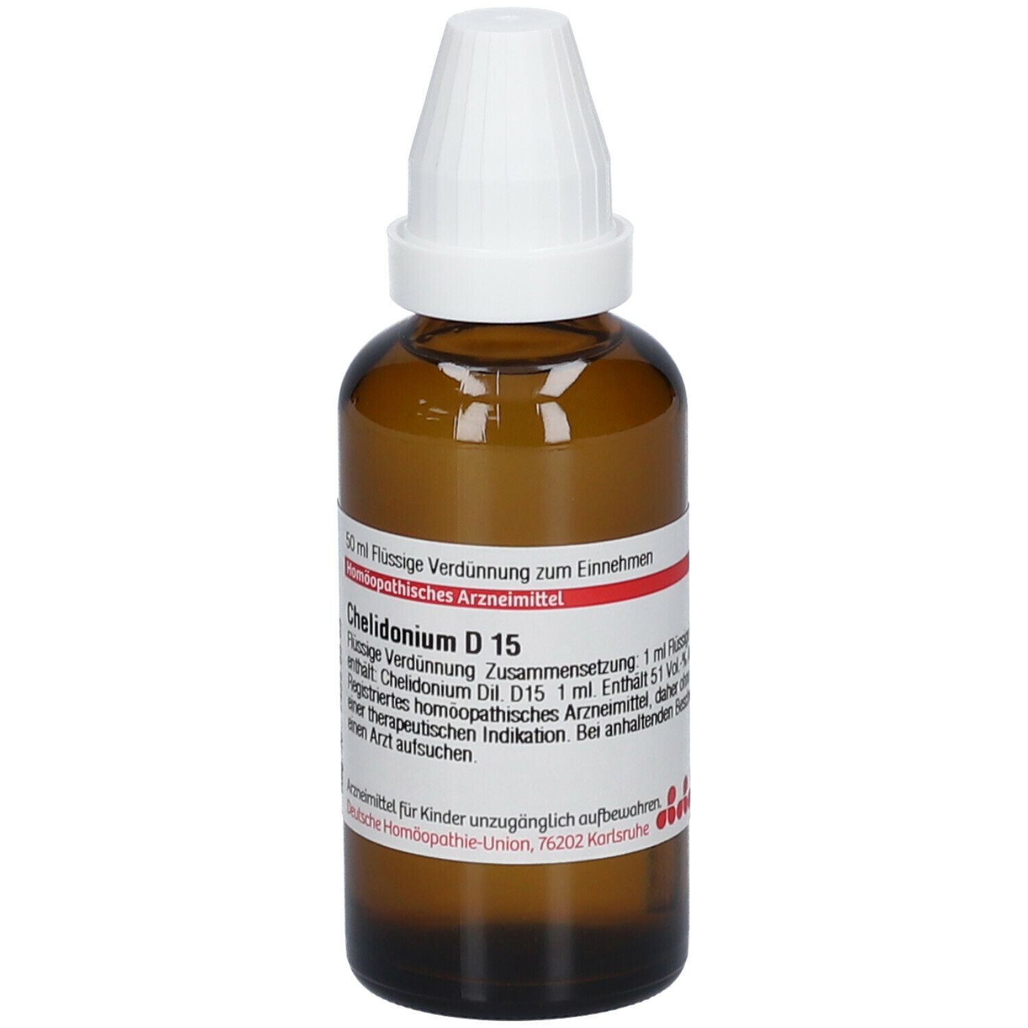 Braune Glasflasche mit weißem Verschluss. Etikett mit Produktinformationen: Chelidonium D 15, 50 ml. Deutsche Homöopathie-Union.