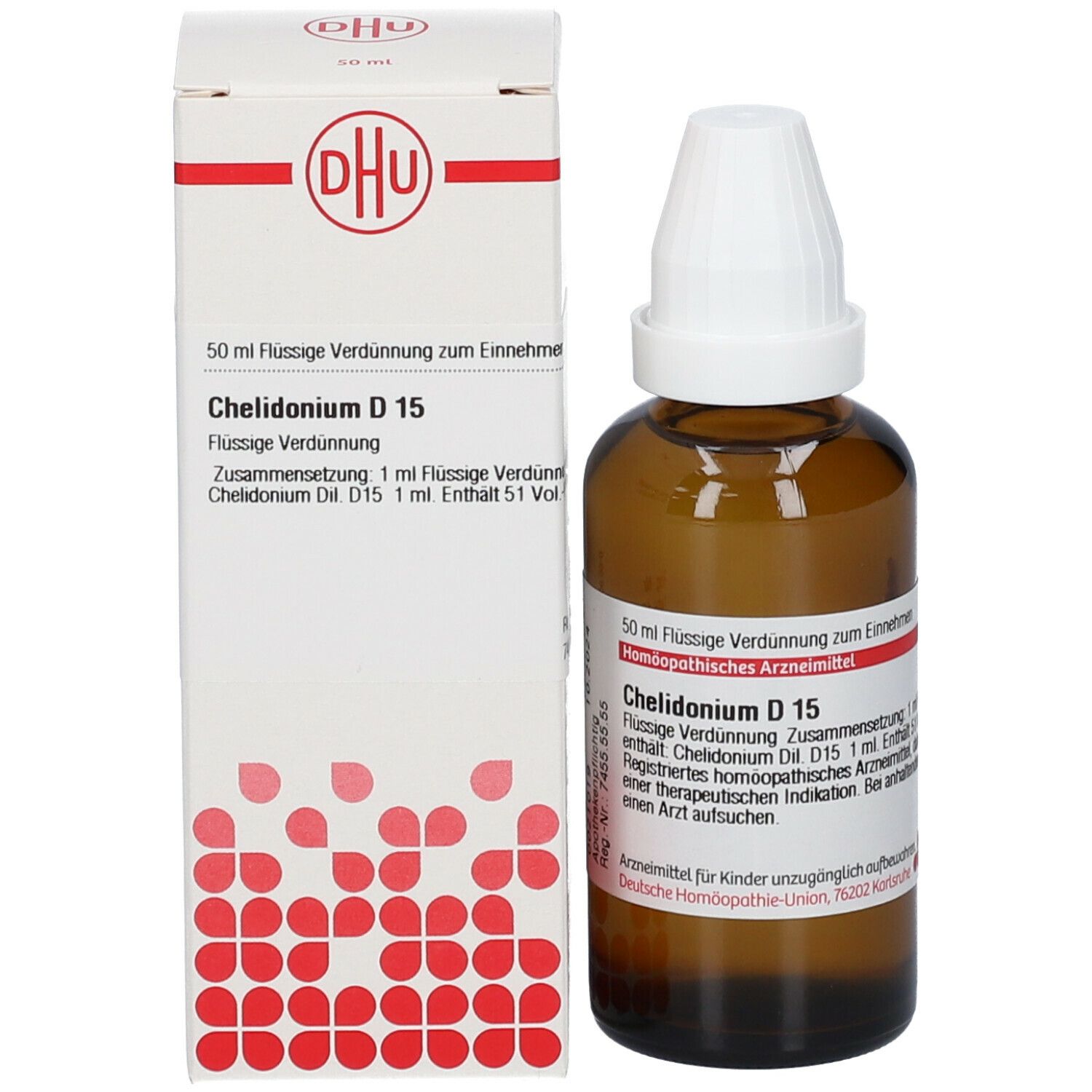 Braune Glasflasche mit weißem Verschluss und Verpackung. Verpackung mit Produktinformationen: Chelidonium D 15, 50 ml. DHU Logo.