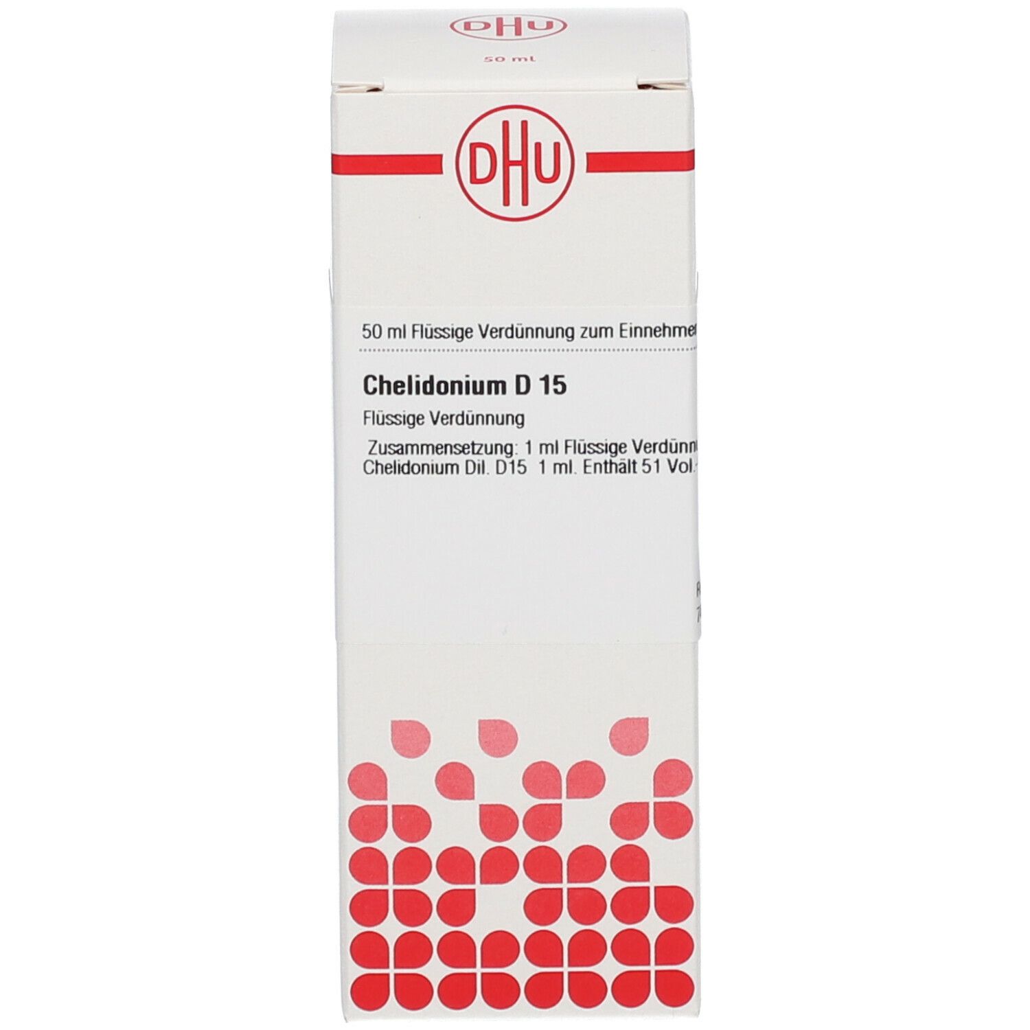 Weiße Verpackung mit rotem Logo und Produktinformationen: Chelidonium D 15, 50 ml. Deutsche Homöopathie-Union.