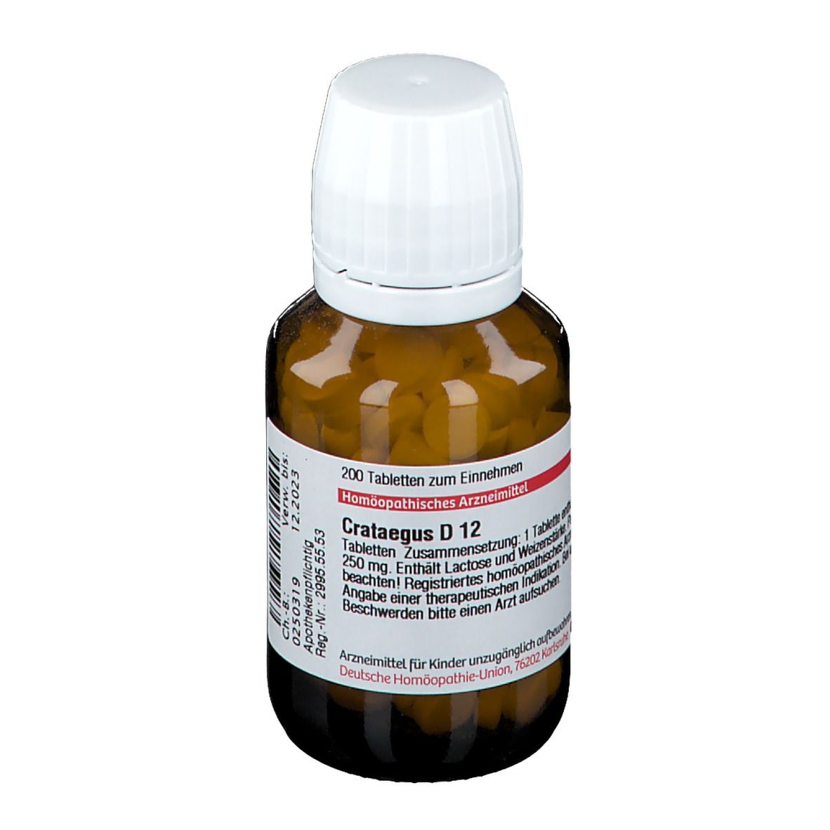 Braune Glasflasche mit weißen Deckel. Etikett mit Text: Crataegus D 12, 200 Tabletten. Apotheken-Zulassung.