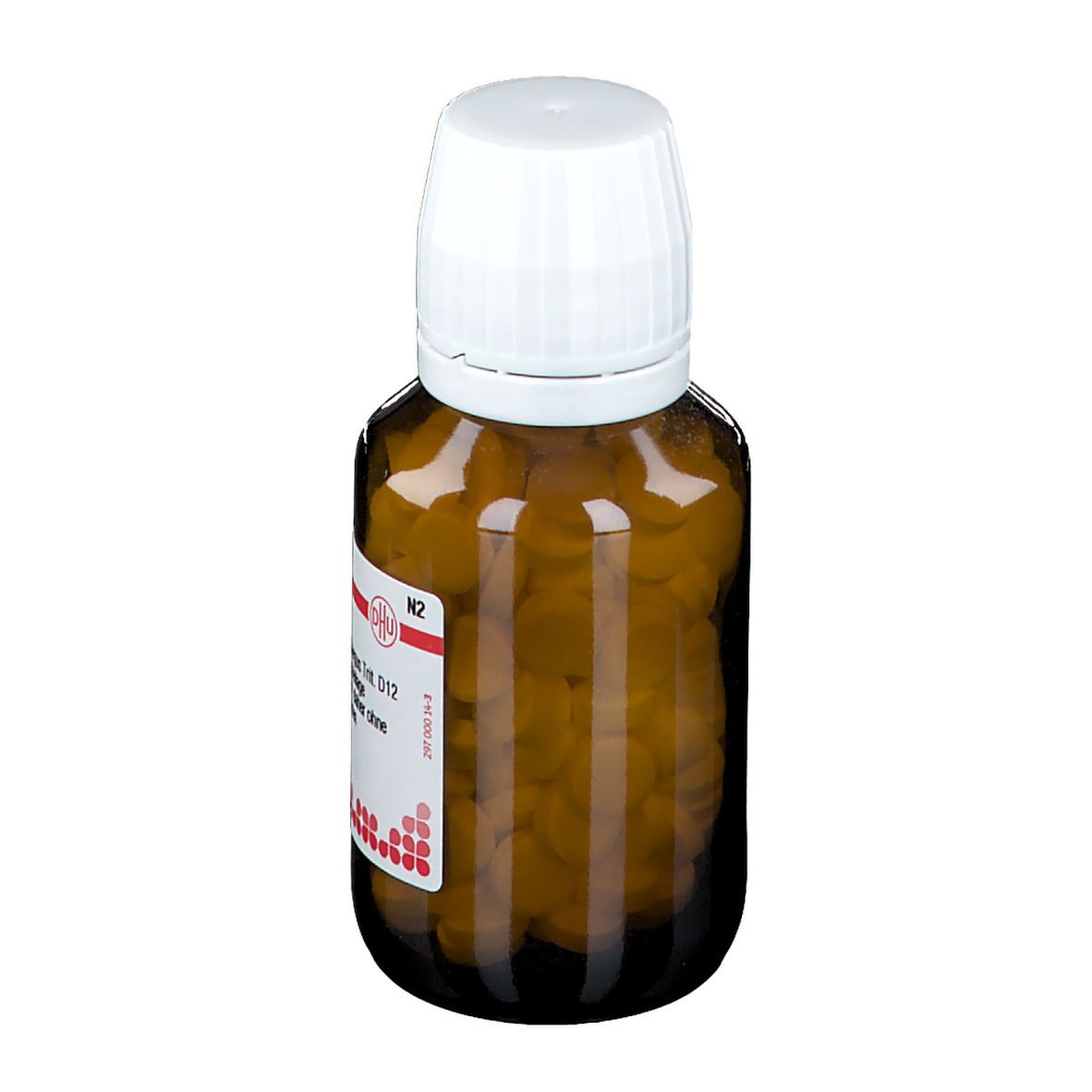 Braune Glasflasche mit weißem Deckel. Tabletten sichtbar. Etikett mit Text: Crataegus D 12. Apotheken-Zulassung.
