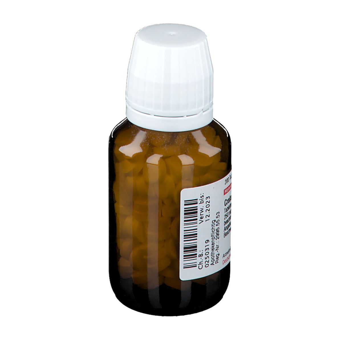 Braune Glasflasche mit weißem Deckel. Etikett mit Text: Crataegus D 12, 200 Tabletten. Apotheken-Zulassung.