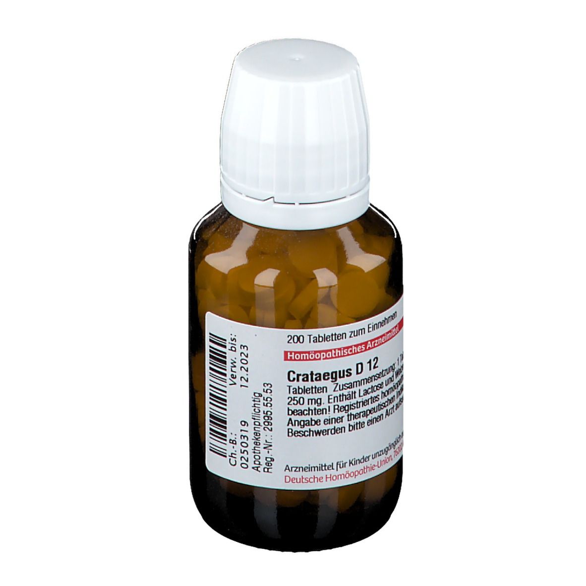 Braune Glasflasche mit weißem Deckel. Etikett mit Text: Crataegus D 12, 200 Tabletten. Apotheken-Zulassung.