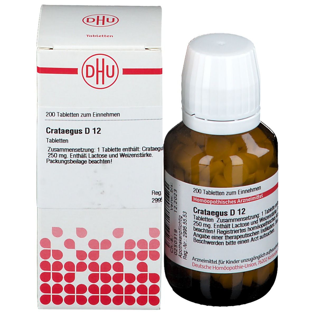 Braune Glasflasche und Karton. Karton mit DHU-Logo und Text: Crataegus D 12, 200 Tabletten. Apotheken-Zulassung.