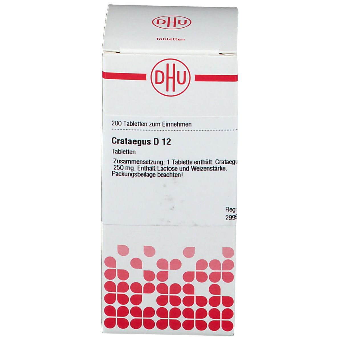 Karton mit DHU-Logo und Text: Crataegus D 12, 200 Tabletten. Apotheken-Zulassung. Weißer Hintergrund.