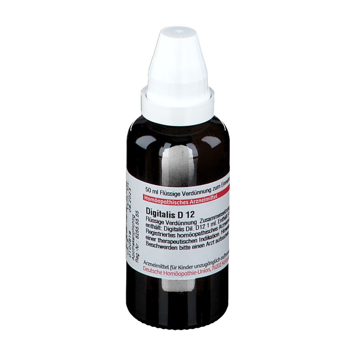 Braune Glasflasche mit weißem Verschluss. Etikett mit Text: Digitalis D 12. 50 ml Flüssige Verdünnung.