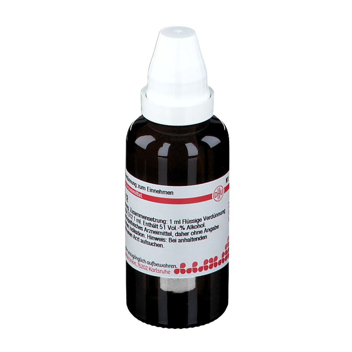 Braune Glasflasche mit weißem Verschluss. Etikett mit Text: Digitalis D 12. 1 ml Flüssige Verdünnung.