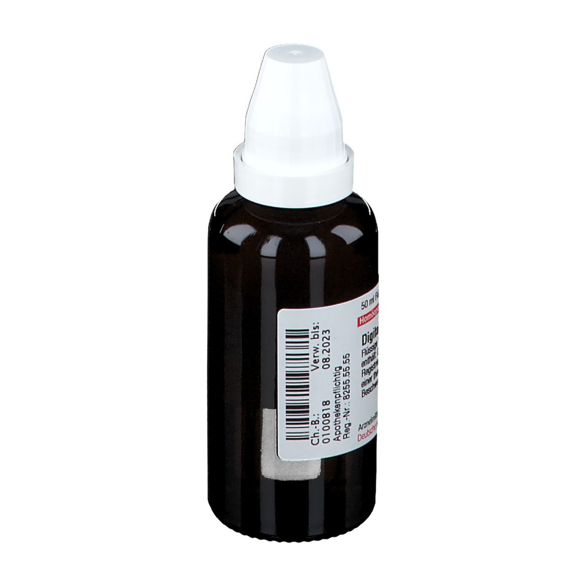 Braune Glasflasche mit weißem Verschluss. Etikett mit Text: Digitalis D 12. Verfallsdatum 08.2023.