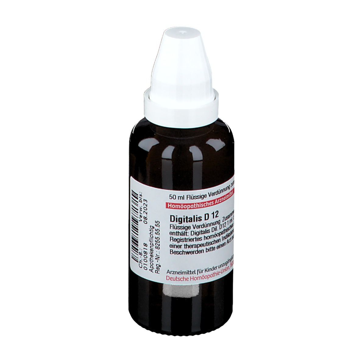 Braune Glasflasche mit weißem Verschluss. Etikett mit Text: Digitalis D 12. 50 ml Flüssige Verdünnung.