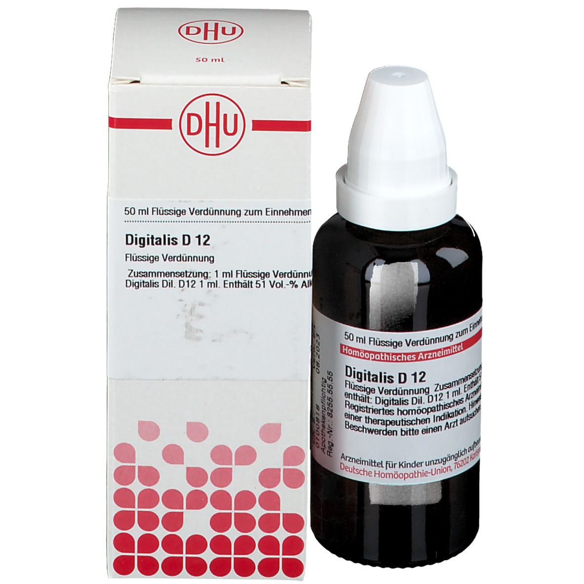 Produktverpackung mit Flasche. Auf der Verpackung steht DHU und Digitalis D 12. 50 ml Flüssige Verdünnung.