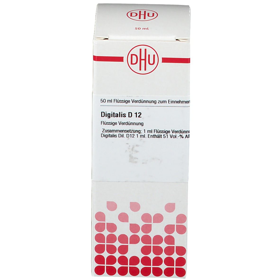 Produktverpackung mit Text: DHU, Digitalis D 12. 50 ml Flüssige Verdünnung zum Einnehmen.